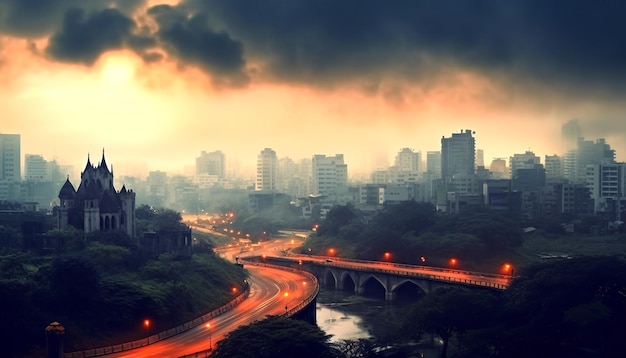 a city with a bridge and a city in the background