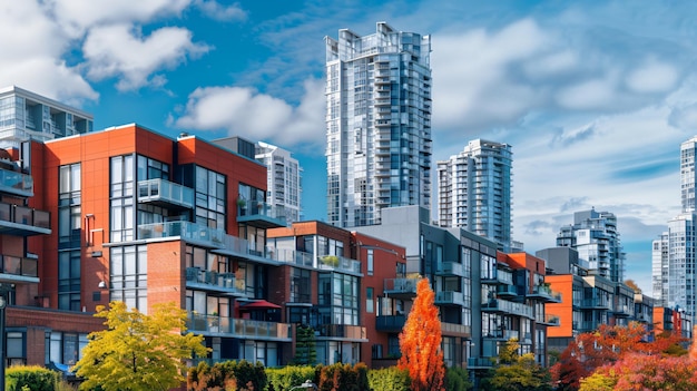 Photo a city with a building and a tree with a blue sky and buildings in the background