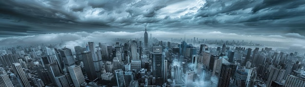 A city with buildings under cloudy sky