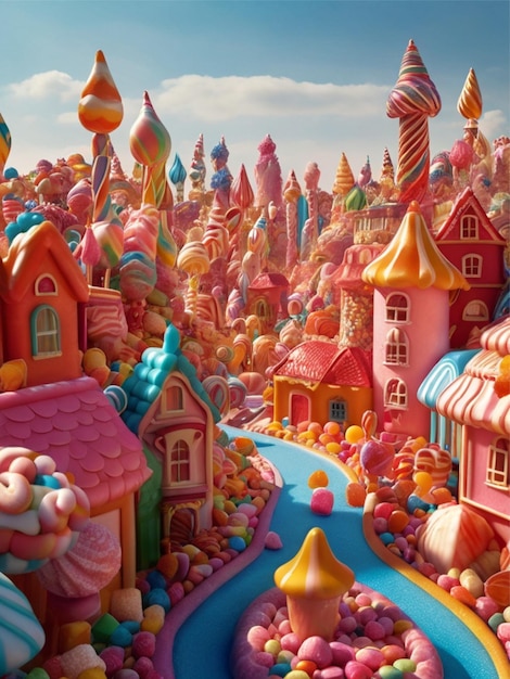 a city with buildings made of different bright colorful candies and looks like a wondrous candy la