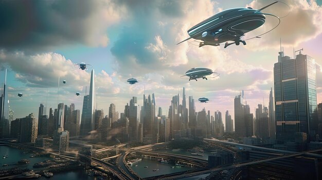 A city with a bunch of flying ships in the sky