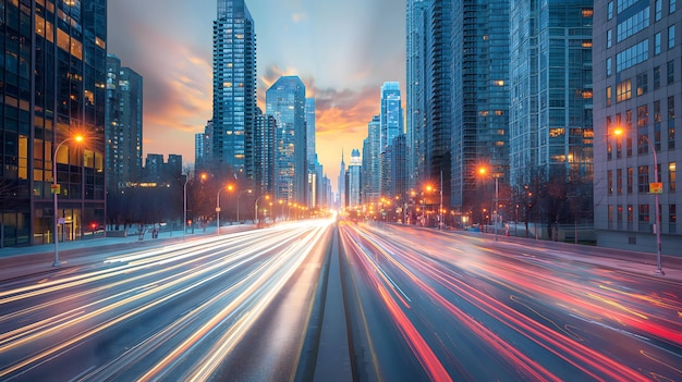 a city with a car and a cityscape in the background