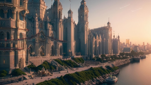 A city with a church in the foreground and a bridge in the background.