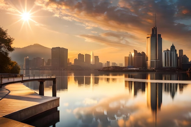 A city with a dock and a city skyline in the background