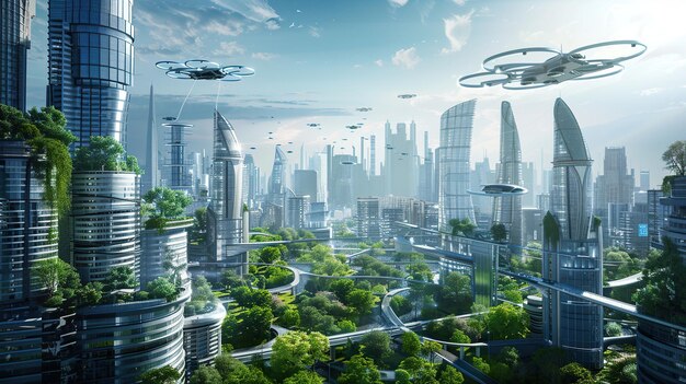 a city with flying helicopters in the sky