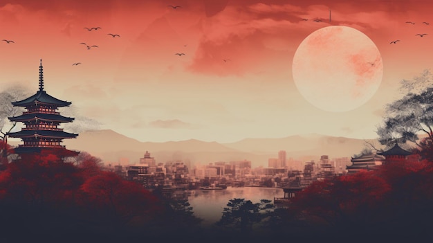 a city with a full moon and birds flying over it