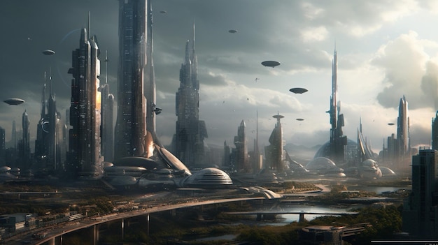 A city with a futuristic city in the background