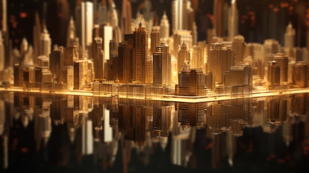 A city with a golden glow on the surface