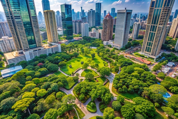 a city with a green park and a city in the background