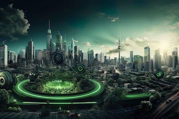 Photo a city with a green planet in the middle of it