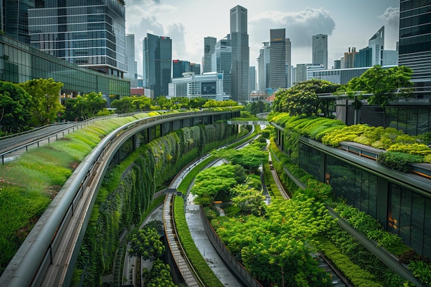 a city with a green plant in the foreground and a city in the background