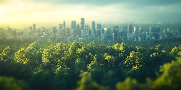 Photo a city with a green tree in the foreground