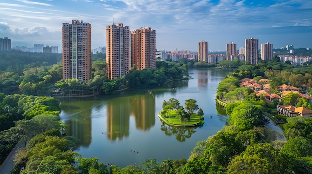 a city with a lake and a few people in the water