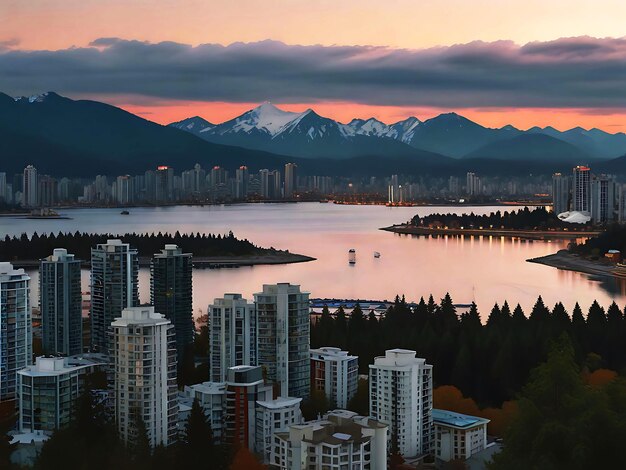 a city with a lake and mountains in the background