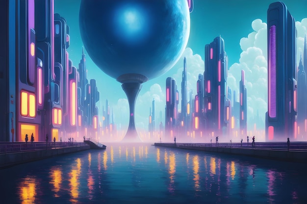 A city with a large ball on the top of it