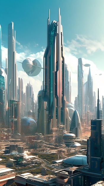 A city with a large building and a planet in the background