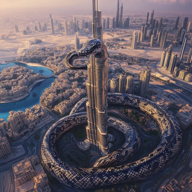 a city with a large snake on the top of it