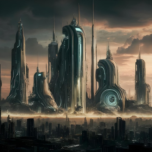 Photo a city with a large space ship in the middle