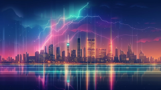 A city with lightning and a cityscape with a purple background.