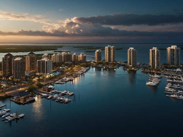 Photo a city with a lot of boats in the water and a sunset in the background