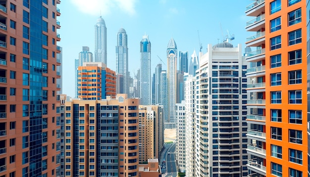 a city with a lot of buildings and a blue sky background