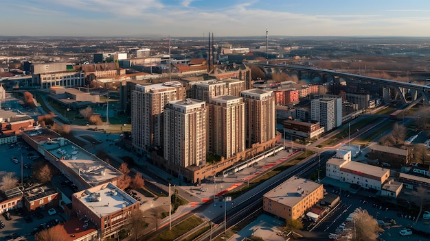 a city with a lot of buildings and a city in the background