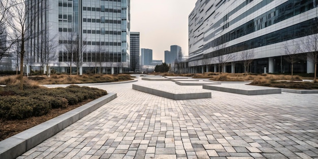 A city with modern buildings and a stone walkway