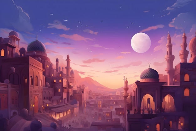 A city with a moon and a mosque in the background