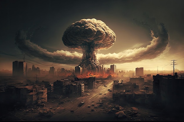 City with mushroom cloud rising above the skyline after nuclear attack