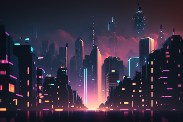 A city with a neon light and a cityscape.