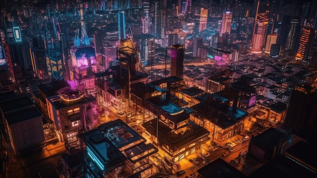 A city with a neon light that says'cyberpunk'on it