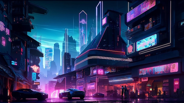 A city with neon lights and a building with a sign that says cyberpunk.