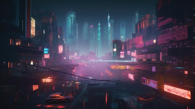 A city with neon lights and a car in the foreground