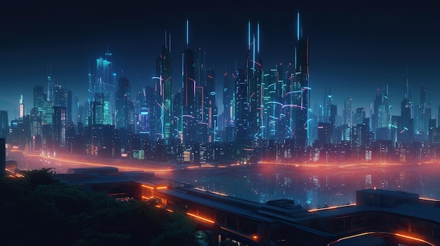 A city with neon lights and a cityscape in the background