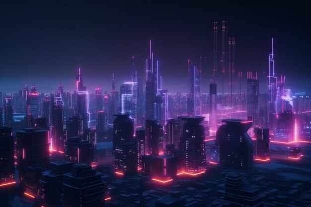 A city with neon lights and a purple cityscape.