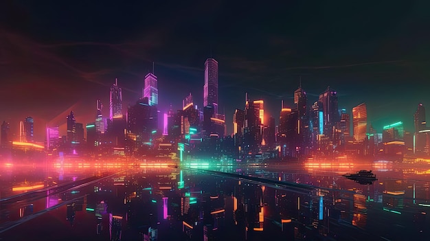 A city with neon lights and a reflection of a city