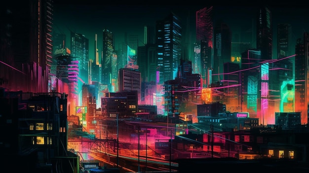 A city with neon lights and a sign that says'cyberpunk '