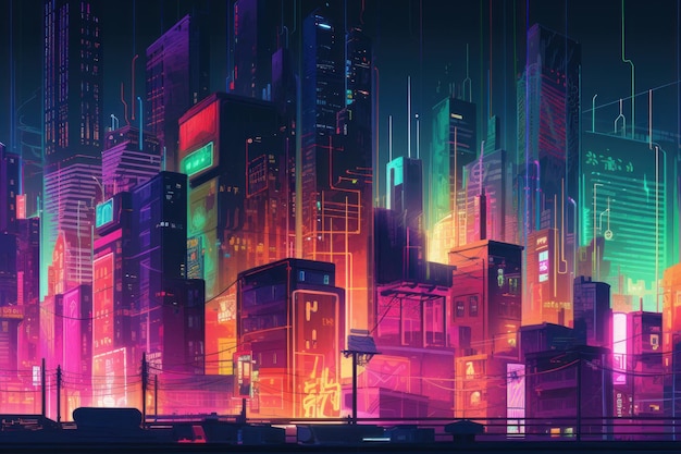 A city with neon lights and a sign that says'cyberpunk '