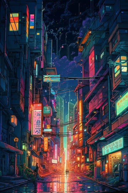 A city with a neon sign that says'cyberpunk'on it