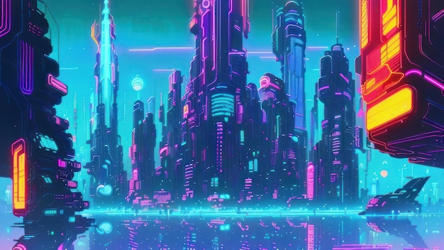 A city with a neon sign that says'cyberpunk '