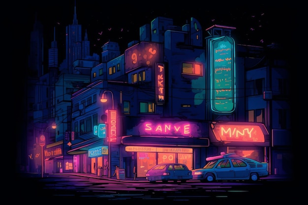 A city with neon signs that say sae