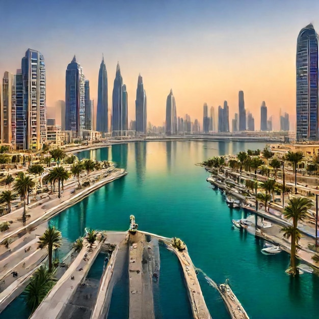 a city with palm trees and boats in the water