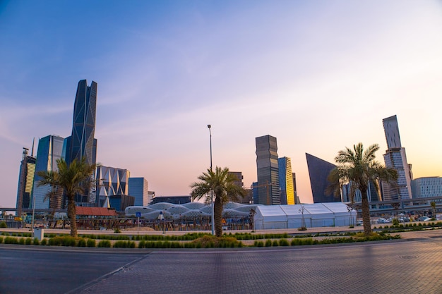 A city with palm trees and a building in the background