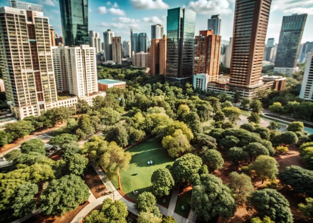 a city with a park and a city in the background