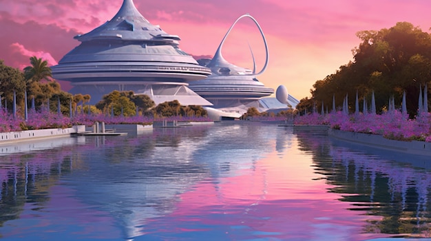 A city with a pink sky and a large building with a large dome on the top.