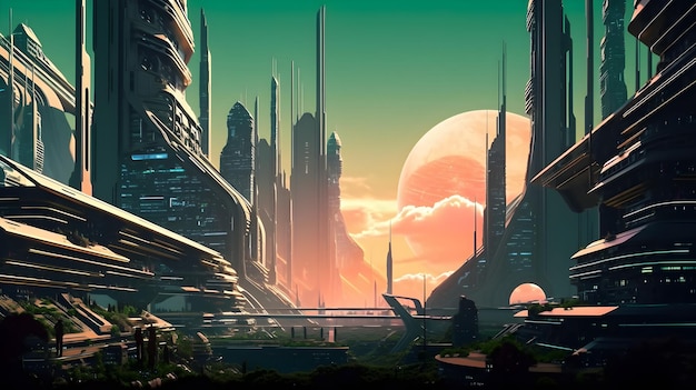 A city with a planet in the background