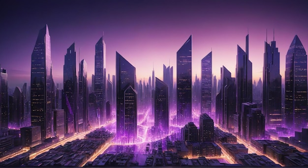 a city with a purple city in the background