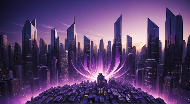 a city with a purple city and a purple city in the background