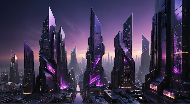 a city with a purple sky and a city in the background