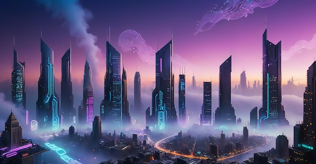 a city with a purple sky and a city in the background